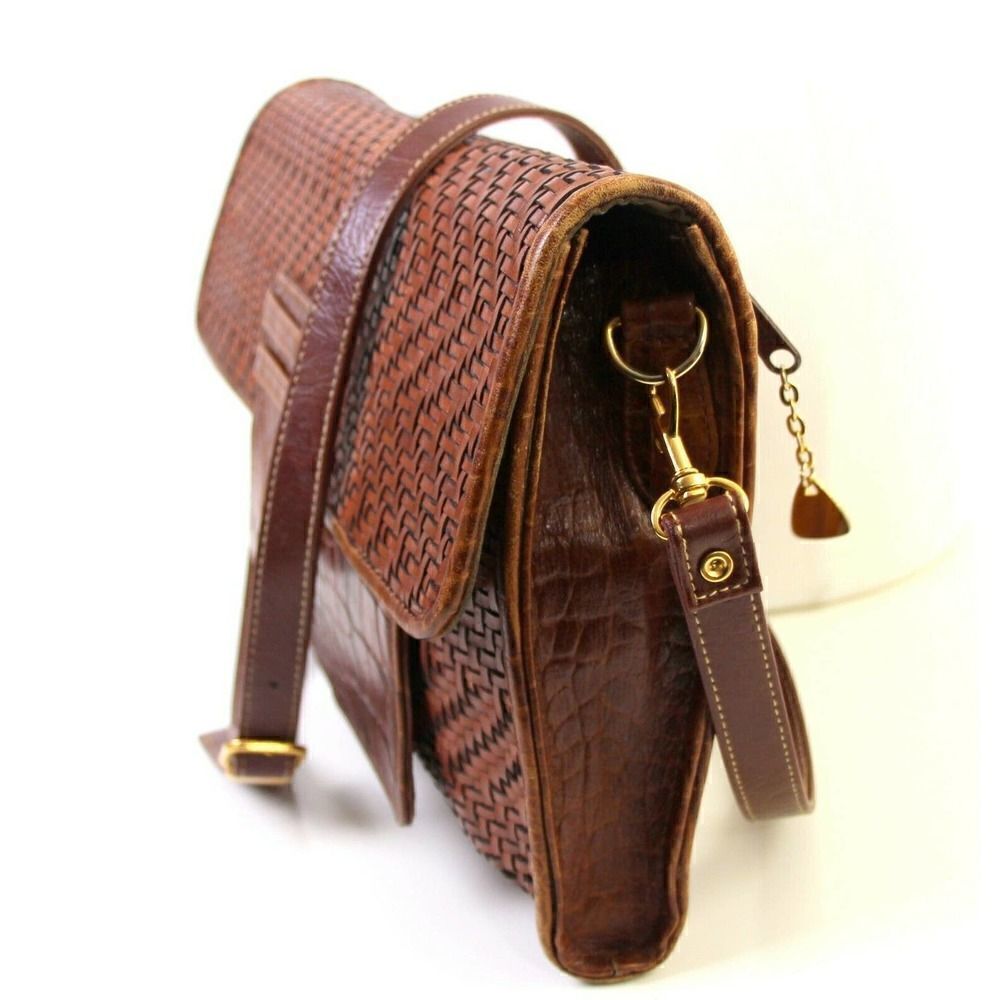 BRIO! BROWN CROCO BRAIDED GENUINE LEATHER ENVELOPE CLUTCH SHOULDER BAG HANDBAG - Picture 5 of 12